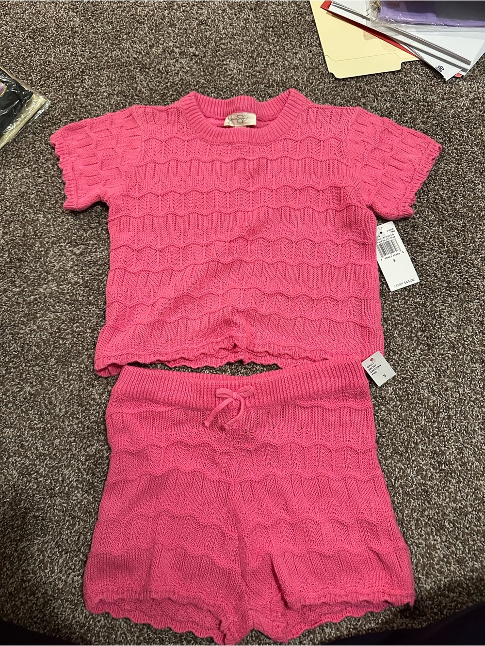 Pink Knit Short Set - Two Piece Sweater Top & Shorts